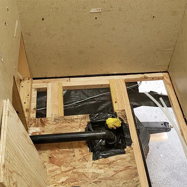 RV subfloor rebuilt with new framing and decking