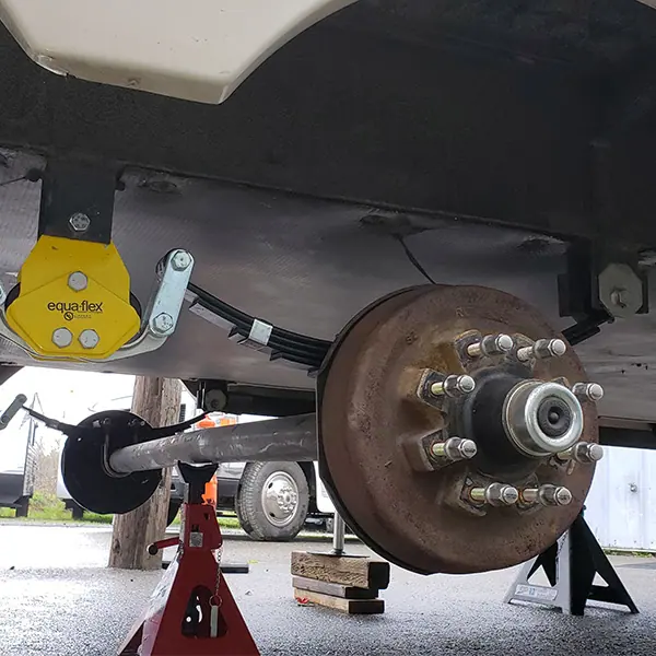 RV hub, brake and suspension service on jack stands