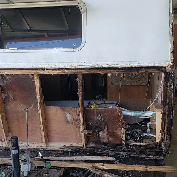 RV sidewall opened up to repair water damage